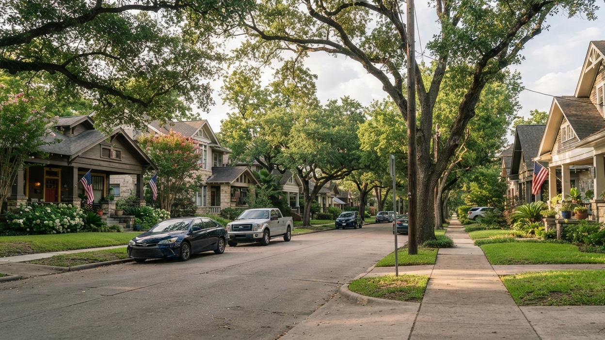 Houston, Texas A quiet, tree-lined residential street in Houston, Texas, featuring traditional homes with porches and American flags.