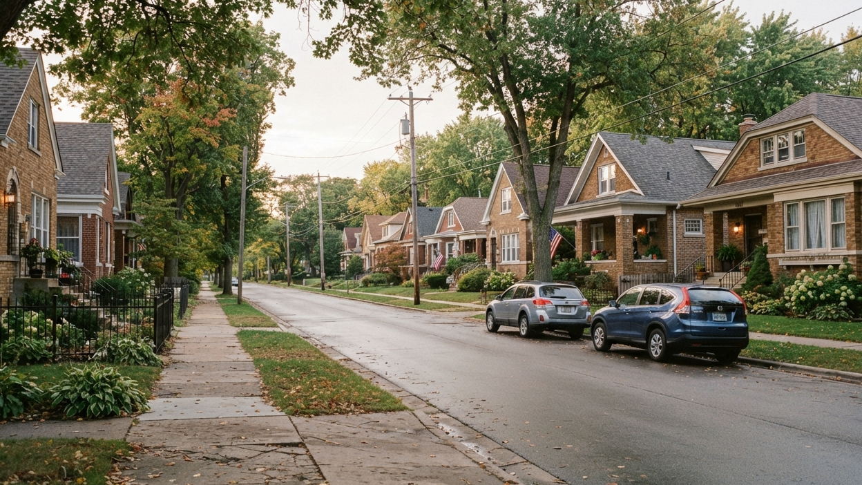 Milwaukee, Wisconsin Tree-lined residential street with classic brick homes and parked cars in Milwaukee, Wisconsin.
