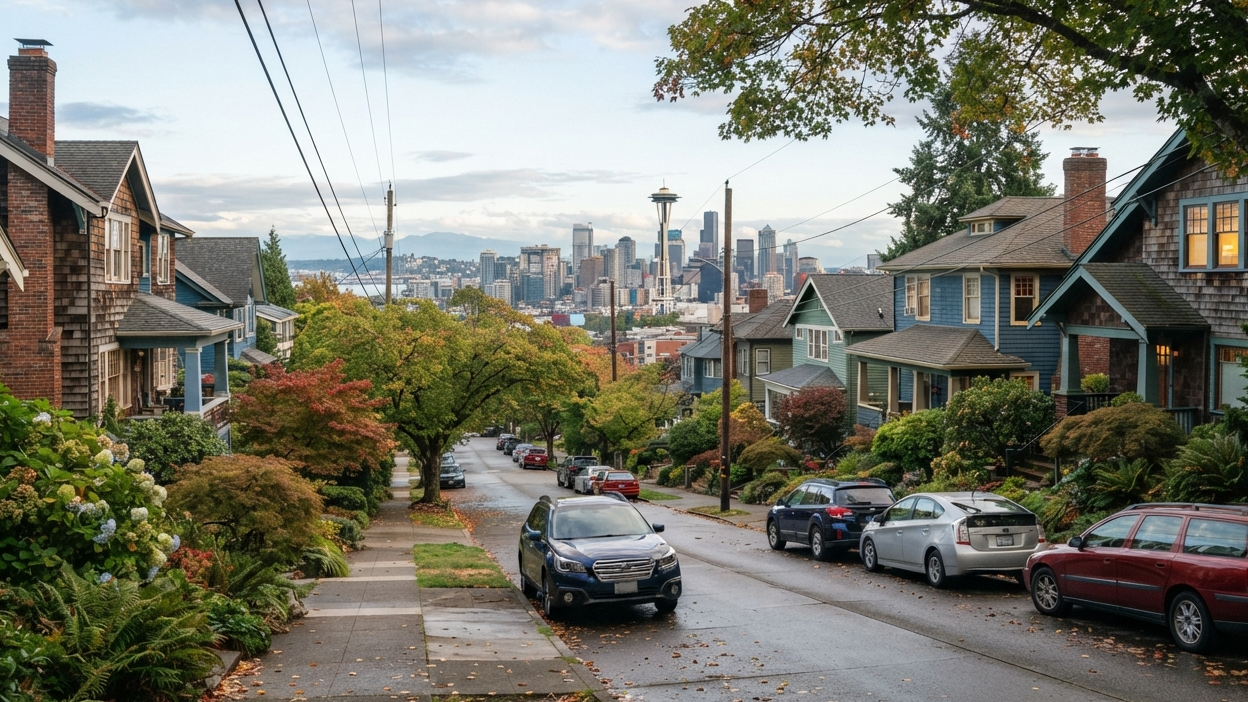 Seattle, Washington A steep, tree-lined residential street in Seattle, Washington, looking down towards the downtown skyline and Space Needle.