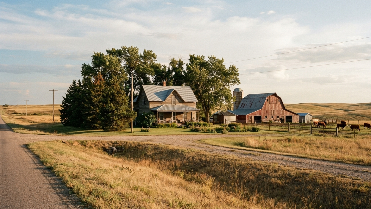 Gregory County, South Dakota A rural farmstead with a house and red barn sits amidst rolling prairie hills in Gregory County, South Dakota.