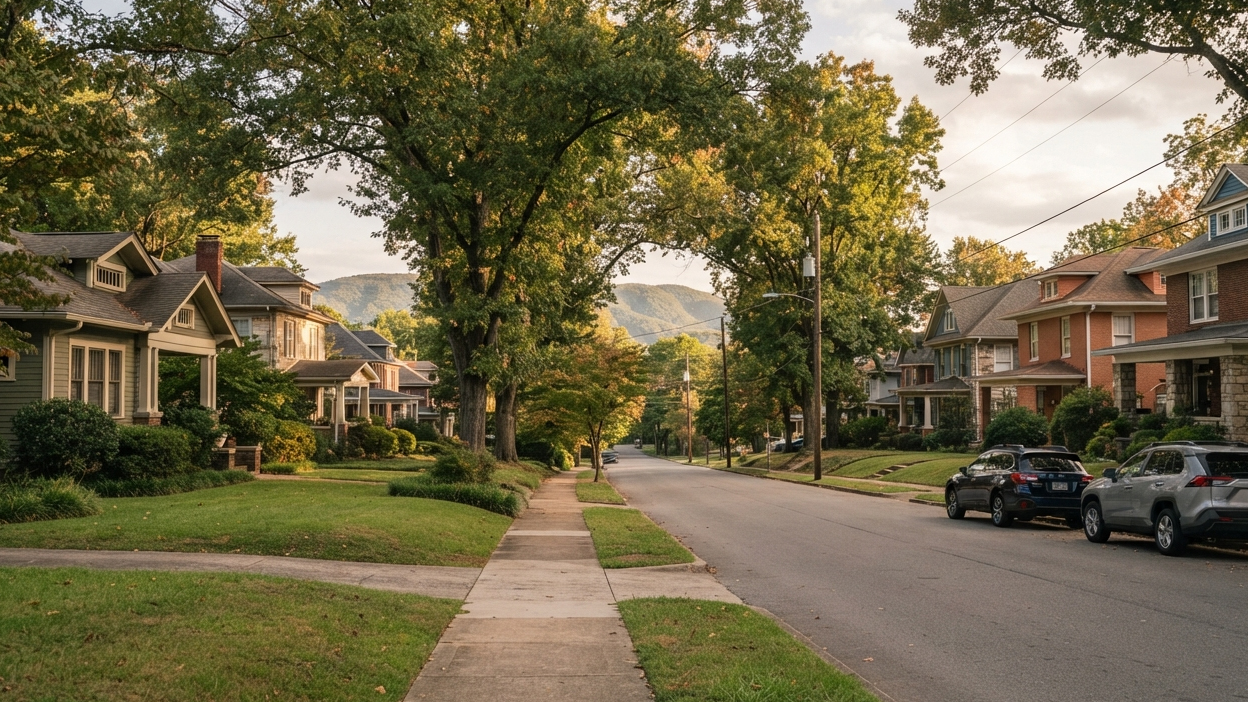 Chattanooga, Tennessee A quiet tree-lined residential street with historic homes and a mountain view in Chattanooga, Tennessee.