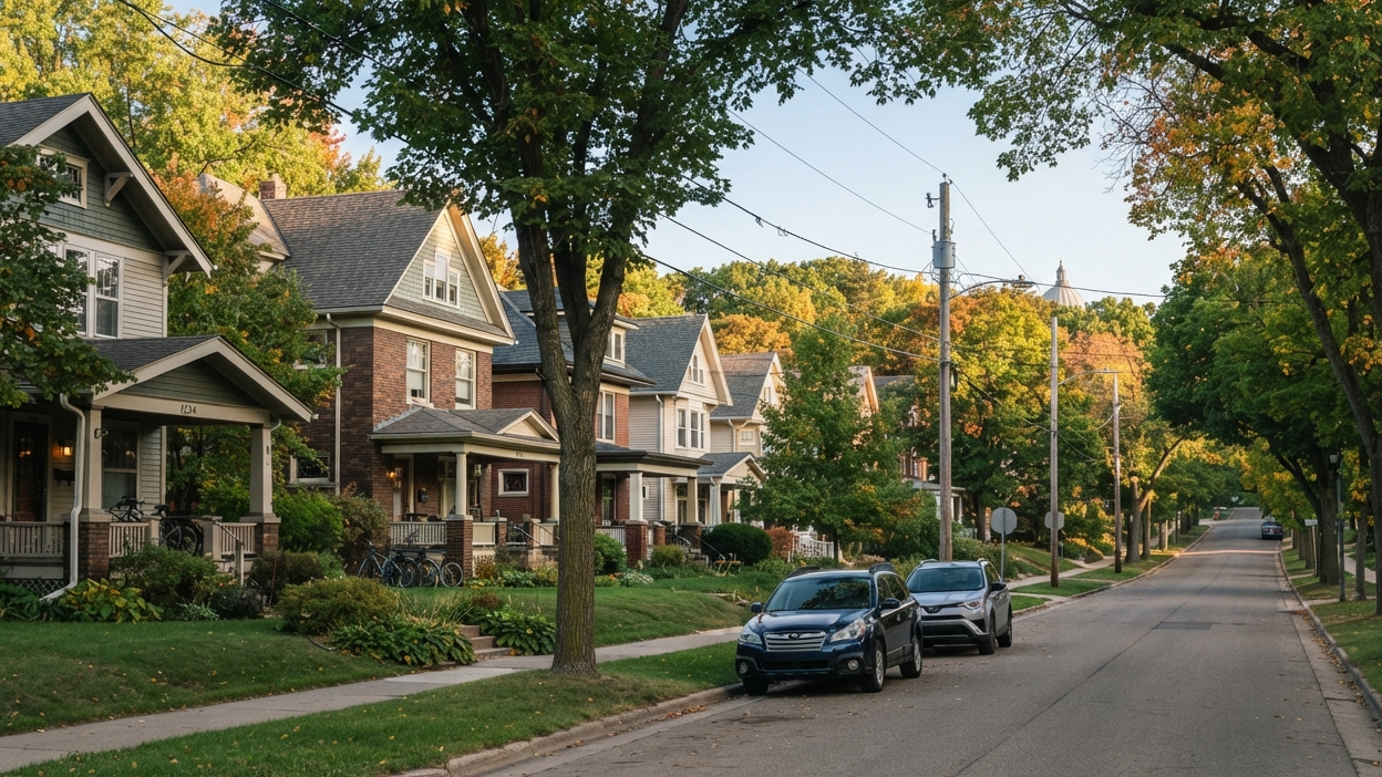 Madison, Wisconsin Quiet autumn residential street with historic homes and the Capitol dome visible in Madison, Wisconsin.