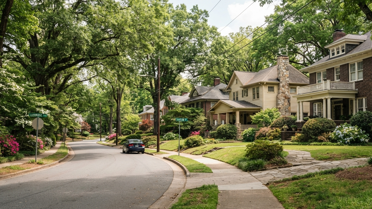 Raleigh, North Carolina Lush, tree-lined residential street with historic homes in Raleigh, North Carolina.